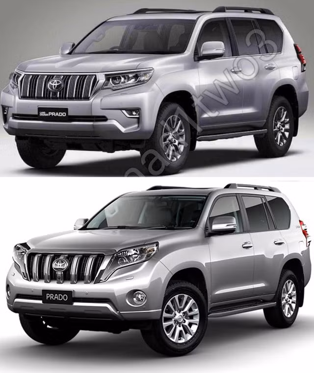 So sánh thiết kế đầu xe của Toyota Land Cruiser Prado 2018 (trên) và phiên bản cũ.