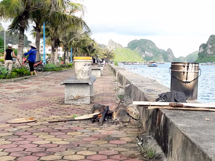 Một gia đình ngư dân đốt bếp, nấu ăn ngay trên vỉa hè.