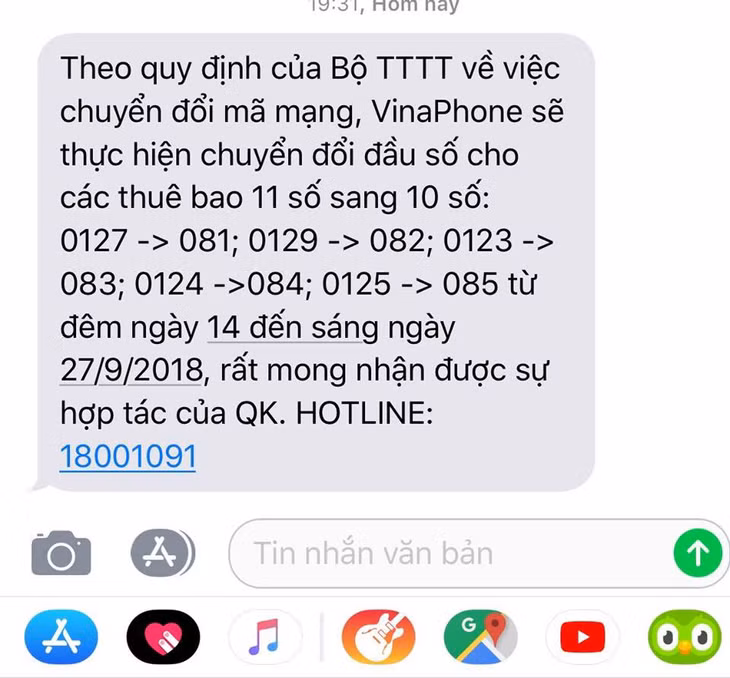 Thông báo chuyển đổi số cho thuê bao 11 số của nhà mạng Vinaphone.