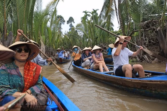 Khách quốc tế khám phá miền sông nước Tiền Giang. (Ảnh: Ngọc Hà/TTXVN)