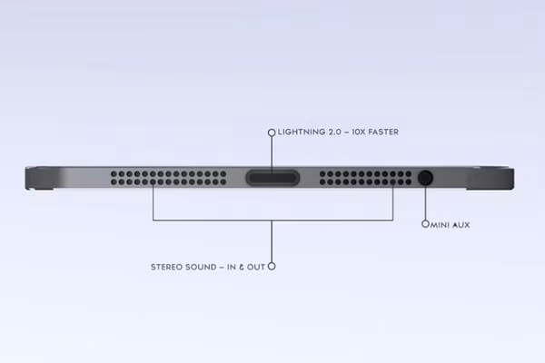 Mặc dù có thân máy mỏng nhưng chiếc iPhone này vẫn có dải loa hai hàng đục lỗ. Tác giả cũng tưởng tượng sản phẩm có công nghệ Lightning 2.0, cho tốc độ sạc nhanh 10x.