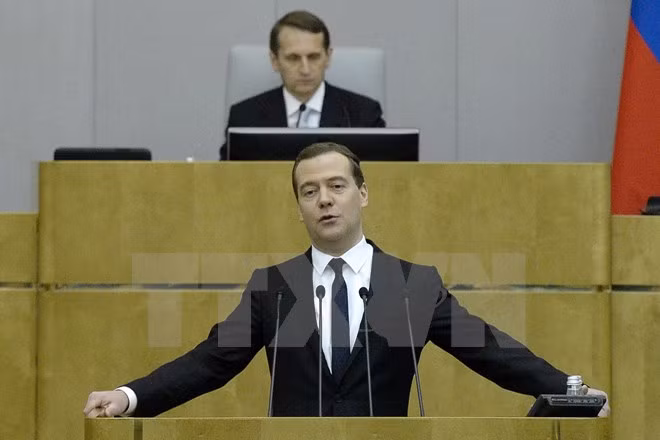 Thủ tướng Nga Dmitry Medvedev phát biểu tại Hạ viện. (Nguồn: AFP/TTXVN)