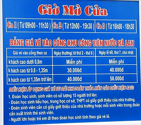 Bảng giá vé, giờ mửa cửa của Công viên nước Hà Lan.