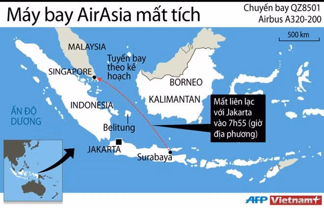 Vị trí mà máy bay của AirAsia mất liên lạc (Nguồn: AFP)
