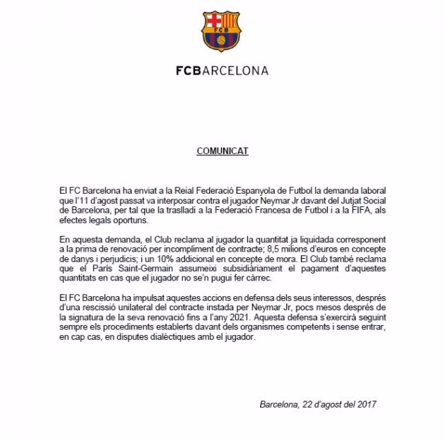  Thông báo khởi kiện Neymar của BLĐ Barcelona.