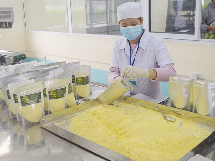 Công nhân HTX Nông dược xanh Tinh Hoa đóng gói sản phẩm tinh bột nghệ