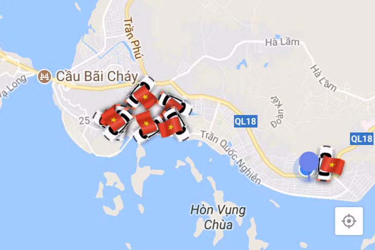 Bản đồ hiển thị vị trí các xe cung cấp dịch vụ Grab tại TP Hạ Long