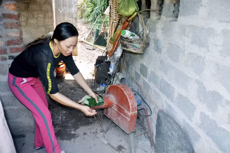 Chị Lý Thị Chung, thôn Khe Tâm, xã Nam Sơn giới thiệu cách vận hành máy thái rau lợn của gia đình.