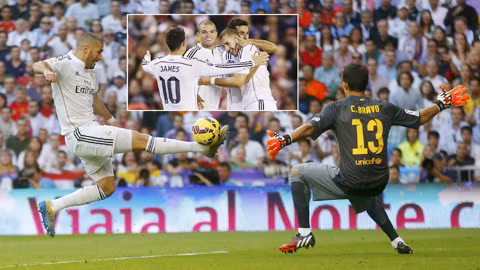 Benzema (trái) tỏa sáng với 1 bàn thắng vào lưới Barca