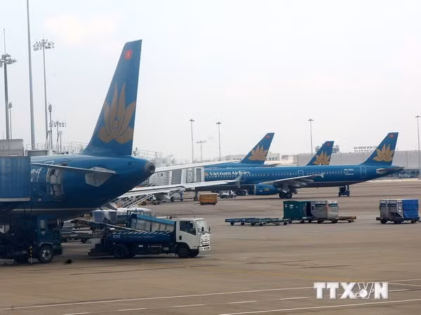 Máy bay của Vietnam Airlines tại sân bay Tân Sơn Nhất. (Ảnh: Huy Hùng/TTXVN)