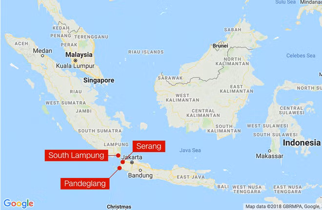Vị trí của đợt sóng thần do núi lửa Krakatoa tại eo biển Sunda.