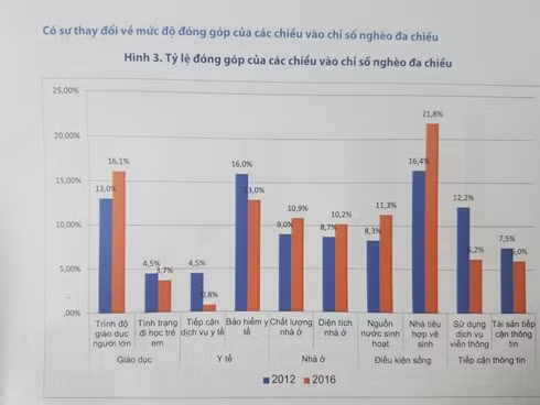 Tỷ lệ đóng góp của các chiều vào chỉ số nghèo đa chiều các năm 2012, 2016. (Nguồn: UNDP)