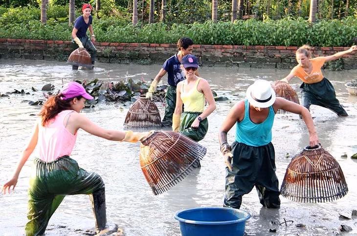 Khách du lịch trải nghiệm đánh bắt cá bằng nơm theo cách truyền thống tại Khu du lịch làng quê Yên Đức (Đông Triều) Ảnh: Đơn vị cung cấp 
