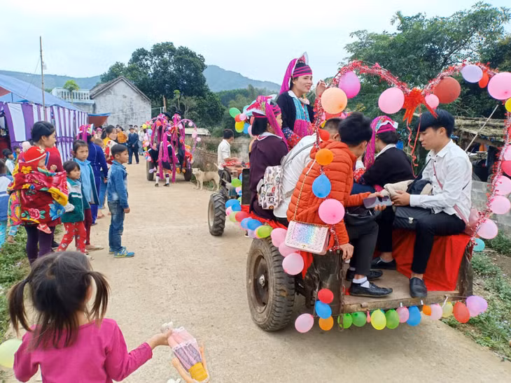 Xe hoa được gia đình nhà chồng trang trí từ chiếc máy cày, xe kéo và nét mặt cô dâu Trưởng Thanh Trúc rạng ngời hạnh phúc.