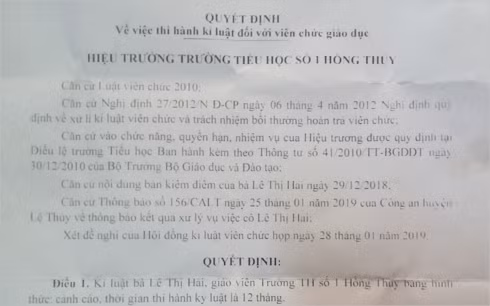 Quyết định kỷ luật cô giáo Hải.