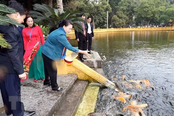 Chủ tịch Quốc hội Nguyễn Thị Kim Ngân thăm ao cá Bác Hồ tại Phủ Chủ tịch. (Ảnh: Trọng Đức/TTXVN)
