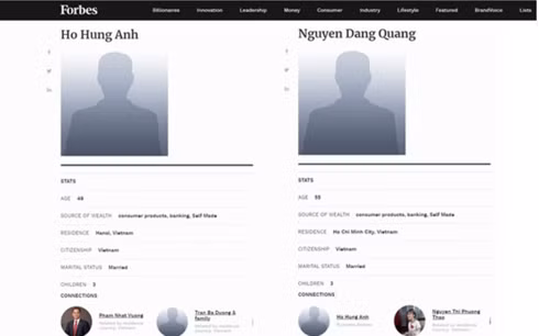 Dù chưa đưa ra số liệu thống kê tài sản nhưng Forbes đã cập nhật những thông tin đầu tiên về ông Hồ Hùng Anh và ông Nguyễn Đăng Quang.