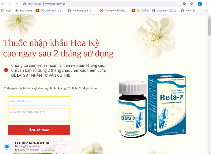 Quảng cáo thực phẩm chức năng Beta z - Ảnh chụp màn hình