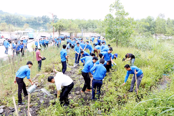 ĐVTN Đoàn Thandọn vệ sinh, trồng cây tại khu vực mặt bằng Công trường Thành Công - Công ty than Hòn Gai - TKV. (Ảnh: Đoàn Than Quảng Ninh).