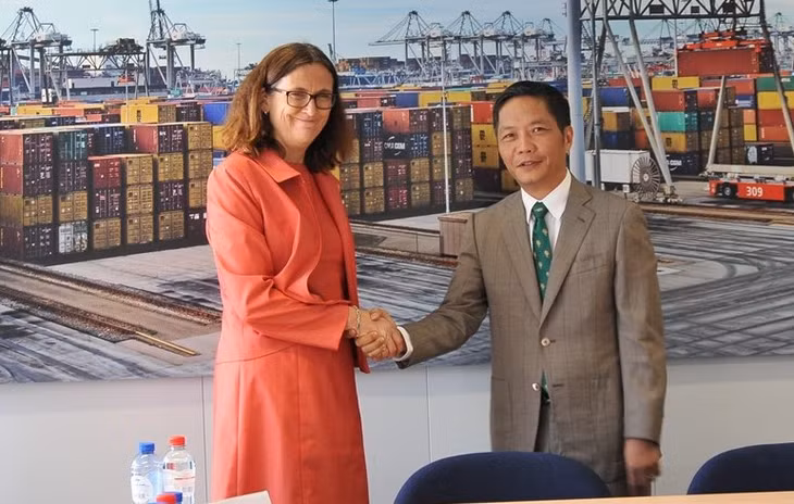 Bộ trưởng Công Thương Việt Nam Trần Tuấn Anh và Cao ủy Liên minh châu Âu phụ trách thương mại Cecilia Malmström trong phiên làm việc kết thúc quá trình rà soát pháp lý EVFTA ngày 25/6/2018 tại Bỉ. Ảnh TTXVN