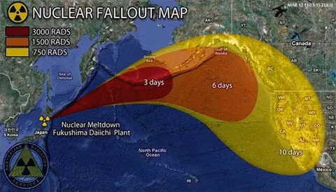 Hình vẽ mô tả đường phân tán của phóng xạ rò rỉ từ nhà máy điện hạt nhân Fukushima I. Đồ họa: Australian Radiation Services