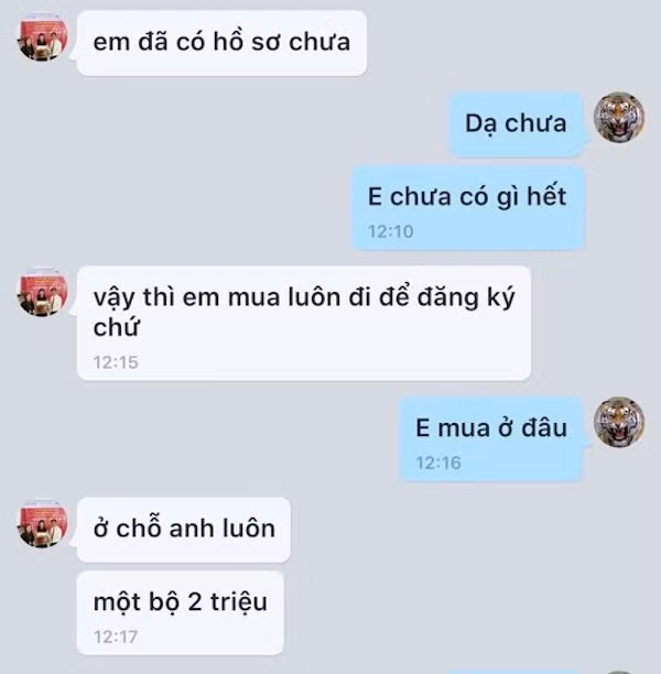 Đoạn tin nhắn của đối tượng mạo danh cán bộ Vietlott mời mua hồ sơ làm đại lý. (Ảnh: Vietlott)