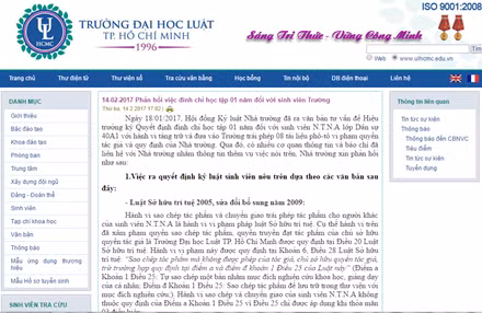 Thông báo được phát trên website của trường Đại học Luật TPHCM khẳng định trường kiên quyết xử lý vi phạm Thông báo được phát trên website của trường Đại học Luật TPHCM khẳng định trường kiên quyết xử lý vi phạm