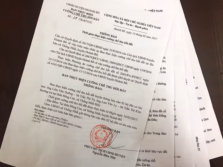 Thông báo thời gian thực hiện cưỡng chế thu hồi đất đối với 2 hộ dân tại xã Thống Nhất, huyện Hoành Bồ