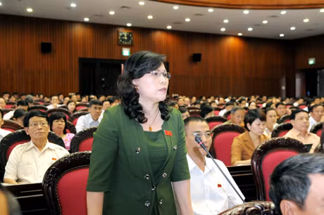 Đồng chí Ngô Thị Minh, ĐBQH tỉnh Quảng Ninh khoá XIII, Phó Chủ nhiệm Ủy ban Văn hóa, Giáo dục, Thanh, Thhiếu niên, Nhi đồng của Quốc hội phát biểu tham gia Dự thảo Luật Lao động sửa đội tại phên thảo luận tại hội trường.