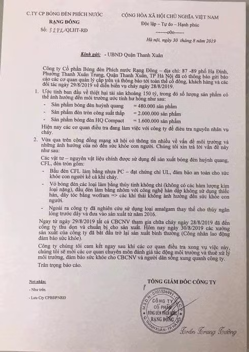 Văn bản của công ty Rạng Đông gửi UBND quận Thanh Xuân.
