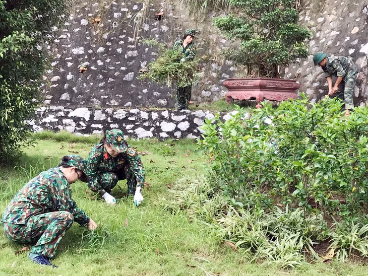 Cán bộ hội viên Hội Phụ nữ Bộ CHQS tỉnh tích cực dọn dẹp vệ sinh xung quanh đơn vị.