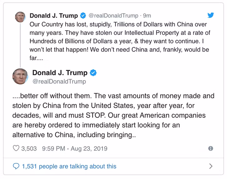 Thông báo của Tổng thống Donald Trump trên Twitter.