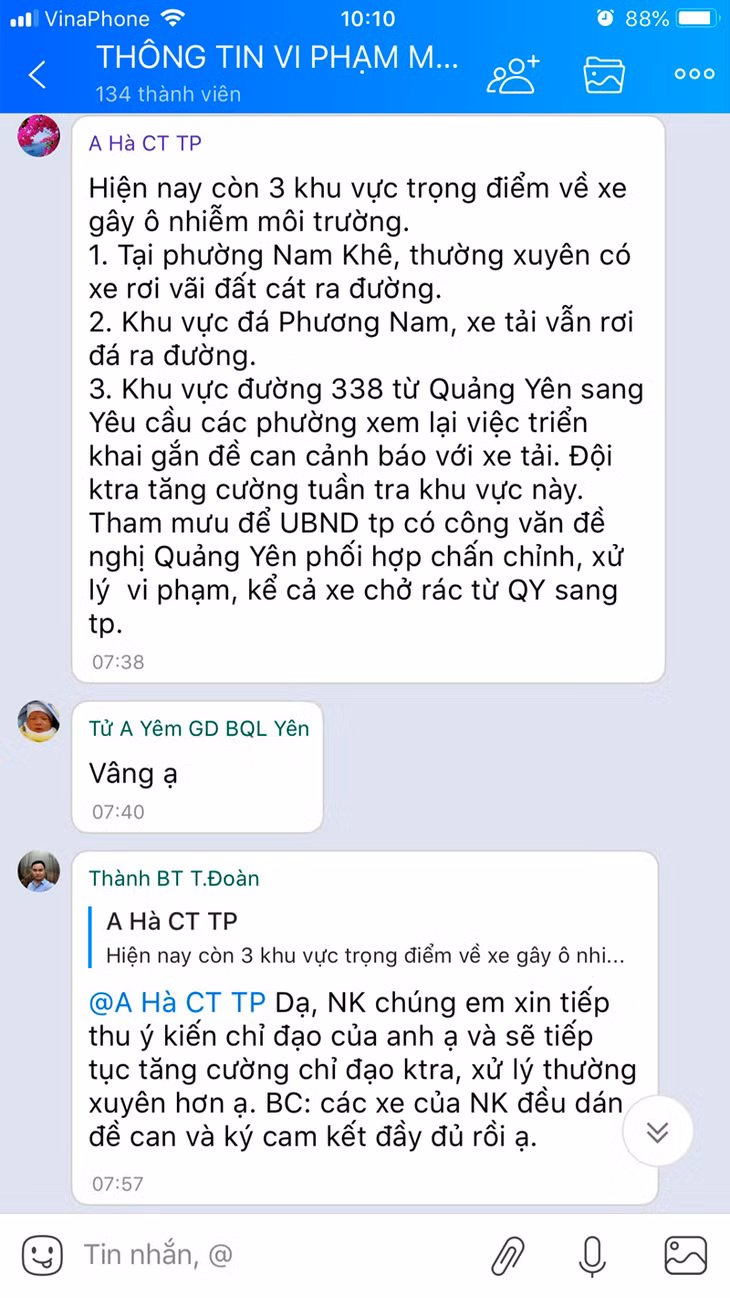 Zalo nhóm về thông tin vi phạm môi trường góp phần thông tin, xử lý nhanh các vấn đề liên quan đến môi trường xảy ra trên địa bàn TP Uông Bí.