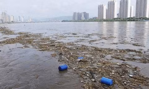 Các thùng hóa chất bị lũ cuốn ra sông. (Ảnh: THX)