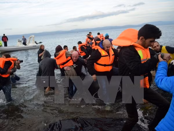 Người di cư tới đảo Lesbos của Hy Lạp sau hành trình vượt biển Aegean từ Thổ Nhĩ Kỳ ngày 24/11. (Nguồn: AFP/TTXVN)