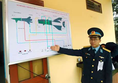Thượng uý Nguyễn Văn Trung giới thiệu mô hình đã giành giải nhất trong hội thao vừa qua.