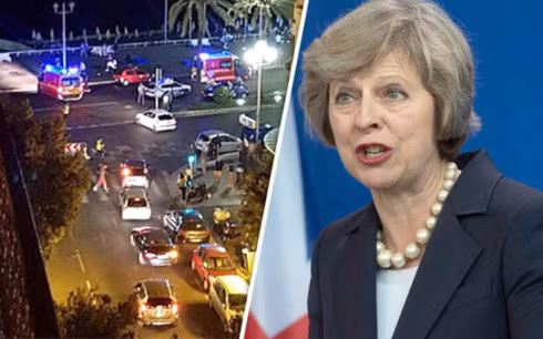 Thủ tướng Anh Theresa May (phải) và hiện trường vụ khủng bố Manchester. Ảnh: Daily Express.