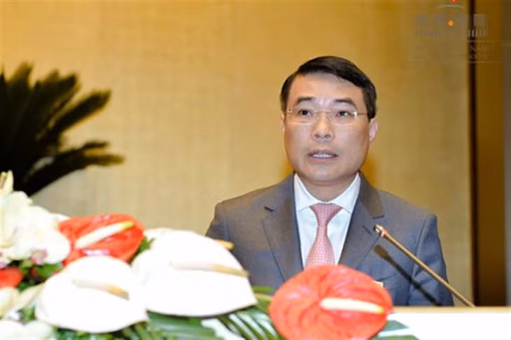 Thống đốc Ngân hàng Nhà nước Việt Nam Lê Minh Hưng trình bày Tờ trình. Ảnh: quochoi.vn