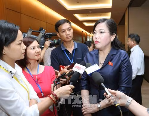 Phóng viên phỏng vấn đại biểu Quốc hội tỉnh Hòa Bình Nguyễn Thanh Hải, Trưởng ban Dân nguyện (Ủy ban Thường vụ Quốc hội) trong giờ giải lao. Ảnh: Doãn Tấn/TTXVN