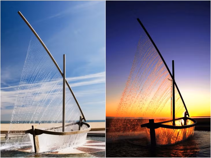 Nằm ở Playa de la Malvarrosa, Valencia, Tây Ban Nha, Water Boat Fountain là một tác phẩm nghệ thuật ấn tượng. Nước từ những lỗ nhỏ trên một khung thép chảy xuống tạo thành hình một thuyền giương buồm lướt trên sóng. Đây là một điểm đến thu hút du khách ở Tây Ban Nha. Hiệu ứng từ ánh sáng mặt trời khiến “chiếc thuyền” trở nên đẹp mắt. Ảnh: Vokrugsveta.ru.