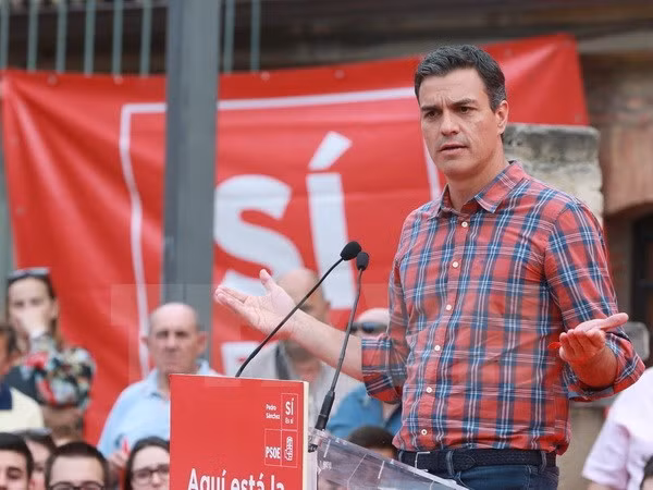 Cựu Chủ tịch đảng Xã hội Pedro Sanchez trong chiến dịch tranh cử ở Zaragoza ngày 17/5. EPA/TTXVN