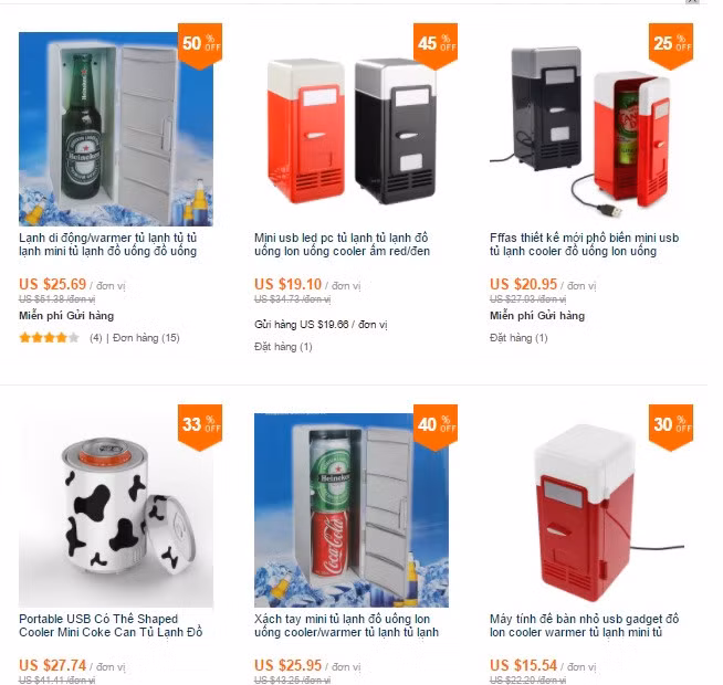 Những chiếc tủ lạnh USB được bày bán rộng rãi trên chợ mạng với nhiều khuyến mại giảm giá. Ảnh chụp màn hình.