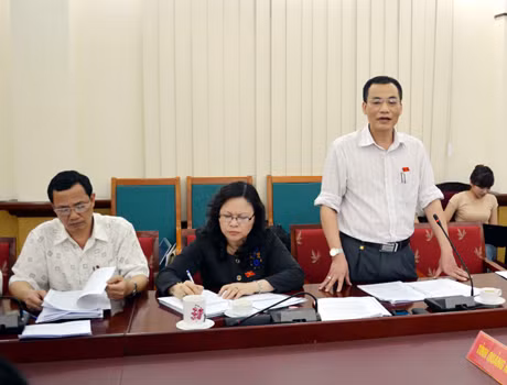 Đồng chí Trần Văn Minh, Phó Trưởng Đoàn ĐBQH tỉnh phát biểu tại cuộc họp.