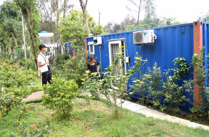 Xung quanh toa nhà nghỉ bằng thùng xe container được anh thành trồng nhiều cây xanh tạo cảm giác gần với thiên nhiên
