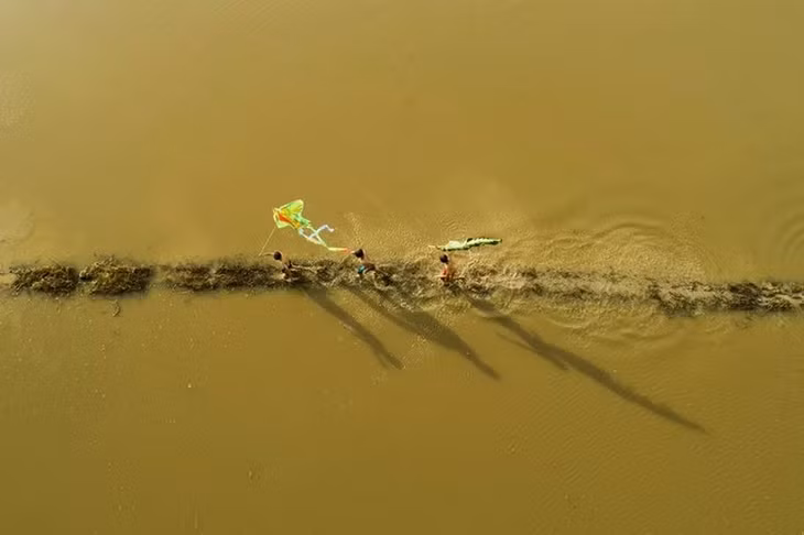 Trẻ em thả diều trên đồng mùa ngập nước ở Đồng bằng sông Cửu Long. Ảnh: Thien Nguyen.