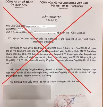  Một giấy triệu tập giả mà các đối tượng lừa đảo tạo ra để gửi cho các nạn nhân.