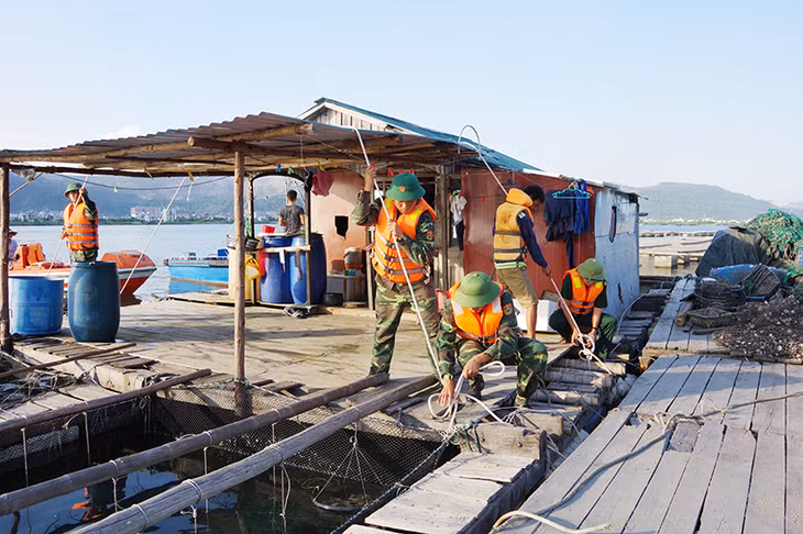 Cán bộ, chiến sỹ trẻ Đồn BP của khẩu cảng Cẩm Phả giúp dân gia cố nồng bè chống bão số 3