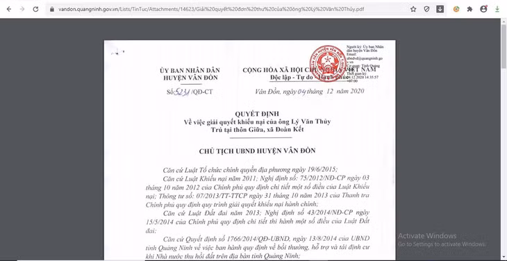 Các quyết định giải quyết khiếu nại của công dân đều được huyện Vân Đồn đăng công khai trên Cổng Thông tin điện tử của huyện.