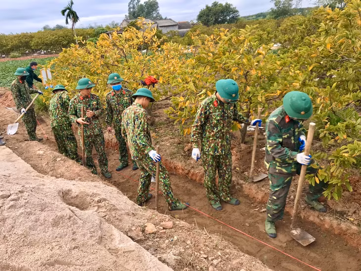 Cán bộ, chiến sĩ lữ đoàn 405 chung sức giúp nhân dân TX Đông Triều xây dựng nông thôn mới.