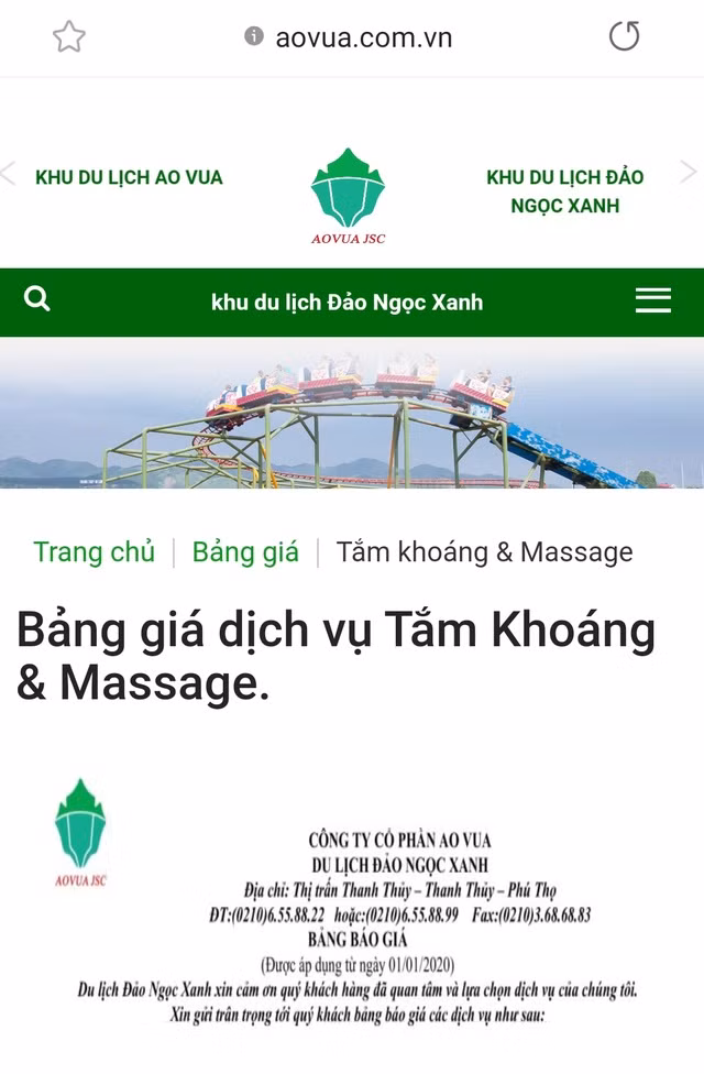 Website Công ty cổ phần Ao Vua (www.aovua.com.vn) quảng cáo dịch vụ tắm khoáng nóng tại Khu du lịch Đảo Ngọc Xanh.